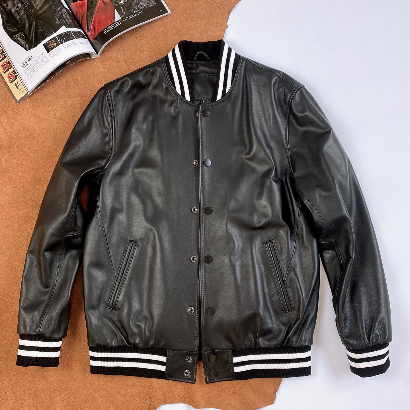 薄款柔软细腻绵羊皮夹克日系修身纯皮棒球服立领外套机车皮衣男士