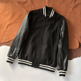 春秋日系立领棒球服头层牛皮袖 子高级黑色夹克真皮毛呢外套男短款