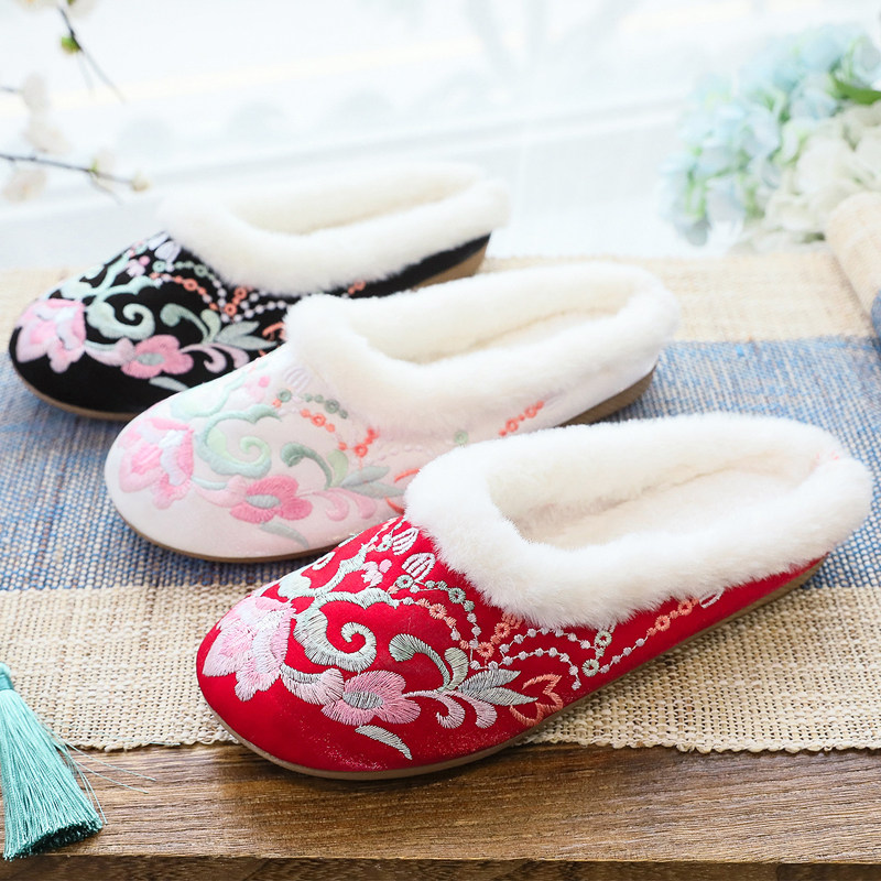 冬季加绒保暖棉拖鞋橡胶平跟包头绣花女拖鞋老北京布鞋居家妈妈鞋
