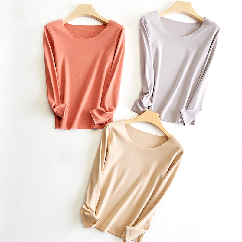 女双面绒无痕圆领长袖保暖套装