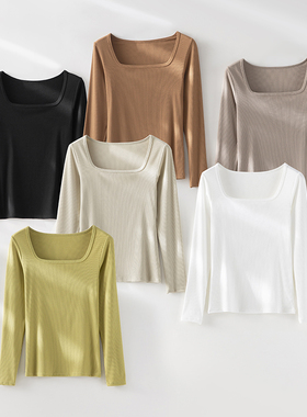 K24815 新品春秋季方领长袖女T恤打底衫内搭外穿秋衣保暖纯色上衣