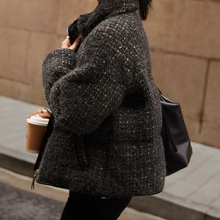 碎金鹅绒服 羊毛马海毛95白鹅绒小香风 立领粗花呢羽绒服外套冬季