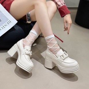 女鞋 9cm小个子内厚底高跟乐福鞋 女英伦粗跟一脚蹬小皮鞋