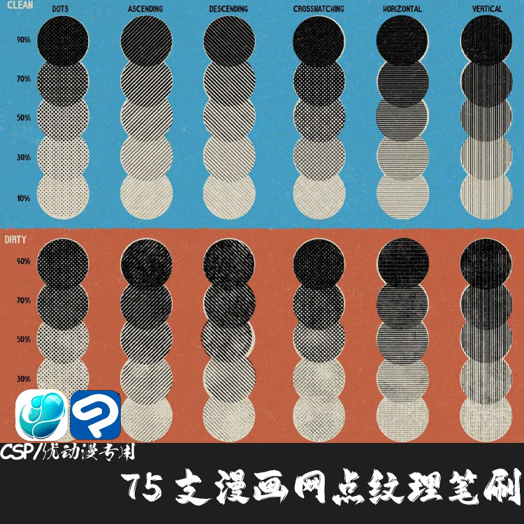 ClipStudioPaint笔刷70支动漫网点纹理网纹波普印刷CSP优动漫画笔