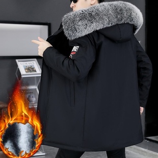 男士冬款加绒加棉中长款连帽大厚棉衣保暖大袄子学生青少年外套潮