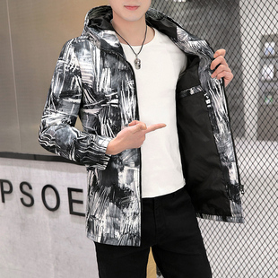 风衣男中长款连帽帅气青少年学生外套宽松2021春季新款男装上衣服