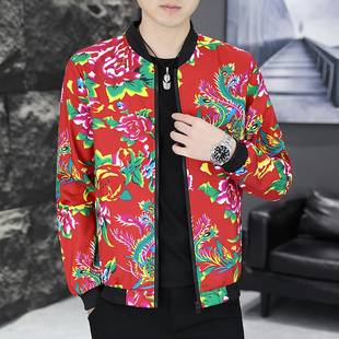 东北大花外套男春秋新款潮牌红色国风休闲夹克男士宽松国潮外衣服