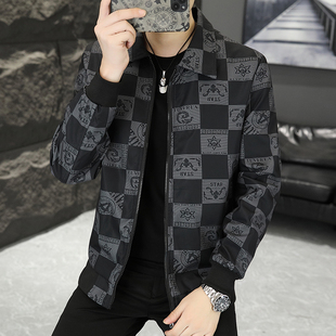 翻领夹克外套男春秋季韩版潮流格子印花休闲衣服百搭短款立领风衣