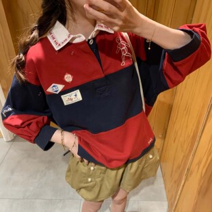 上衣 复古洋气红色条纹宽松T恤中袖 美式 老钱风趣味贴布刺绣polo衫