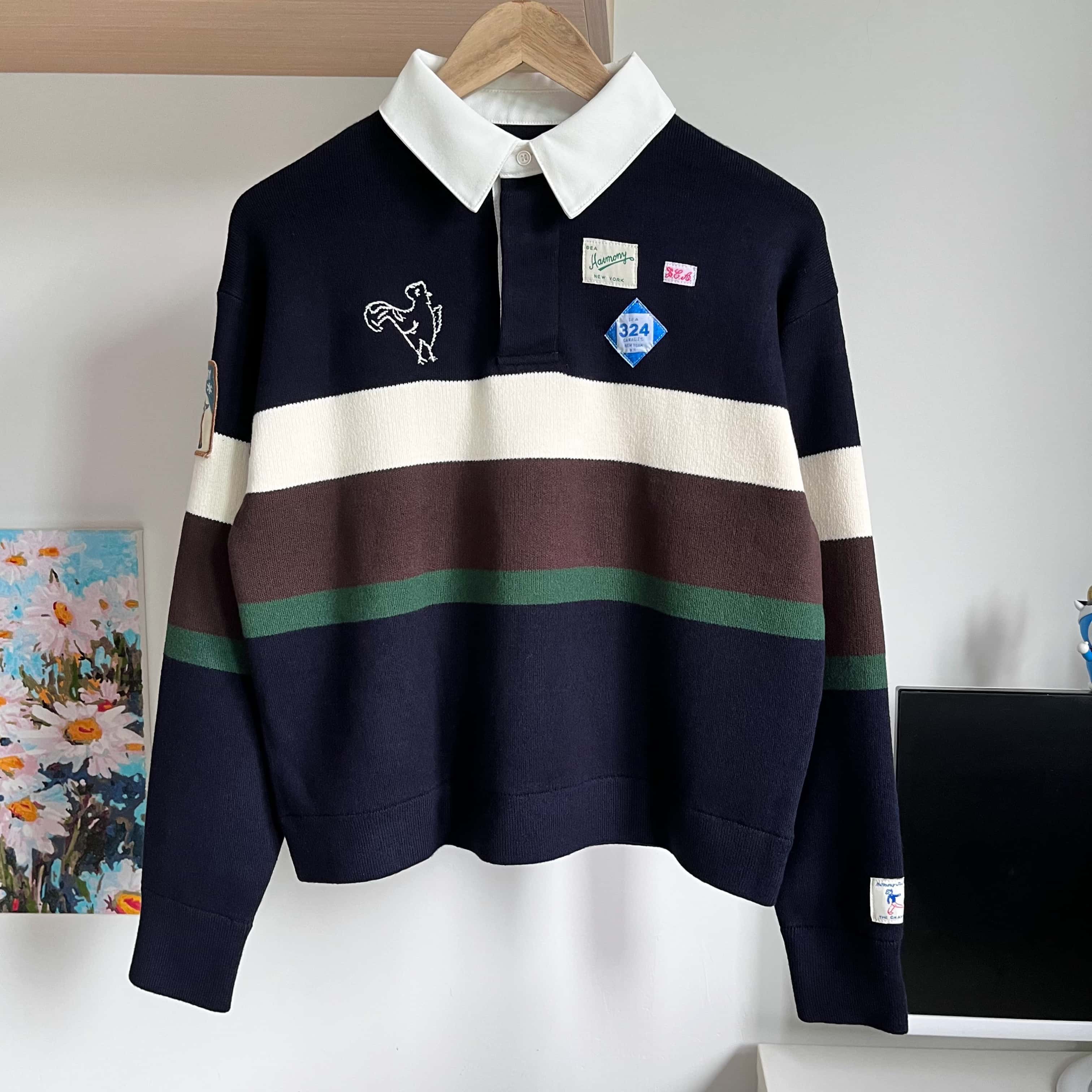 复古贴布polo领撞色条纹长袖毛衣