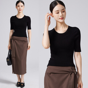 五分袖 严选无缝圆领短袖 打底衫 感修身 t恤女士100纯羊毛针织衫
