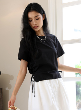 谷外 白色小衫女纯棉高级感宽松圆领上衣短袖气质修身百搭T恤