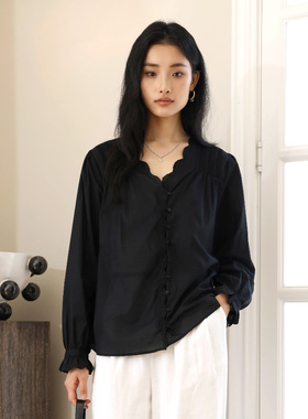 谷外 高级感白色长袖衬衫女夏季新款气质宽松花边V领显瘦休闲衬衣