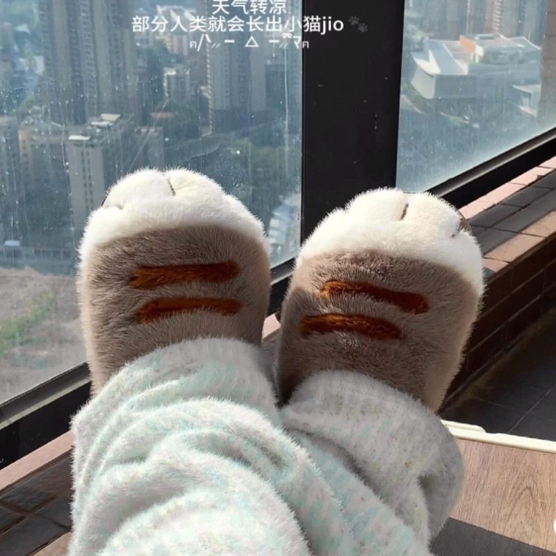 猫爪棉拖鞋女款秋冬季加绒加厚防寒保暖防滑可爱居家拖鞋情侣款