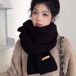 围巾女冬季保暖百搭学生情侣款围脖黑色针织毛线加厚高级感秋冬天