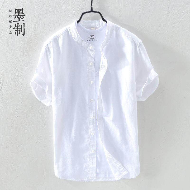 亚麻衬衫男短袖立领夏季薄款宽松棉麻白衬衣男士小清新休闲寸衫男