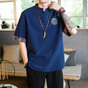 亚麻短袖t恤男中国风男装刺绣胖子大码夏季唐装半袖复古棉麻衣服
