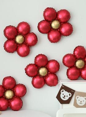 新年元旦复古磨砂红色五瓣花气球哑光花朵婚庆婚房新房装饰布置