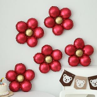 新年元旦复古磨砂红色五瓣花气球哑光花朵婚庆婚房新房装饰布置