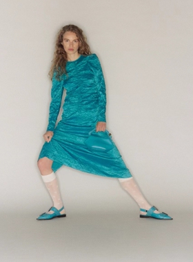 g@nni湖蓝色晚礼服裙 国风连衣裙 三宅褶皱裙A2-300