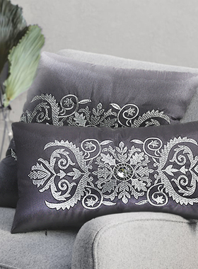 欧式轻奢银丝线绣手工钉钻45X45灰色抱枕靠垫30X50抱枕腰枕