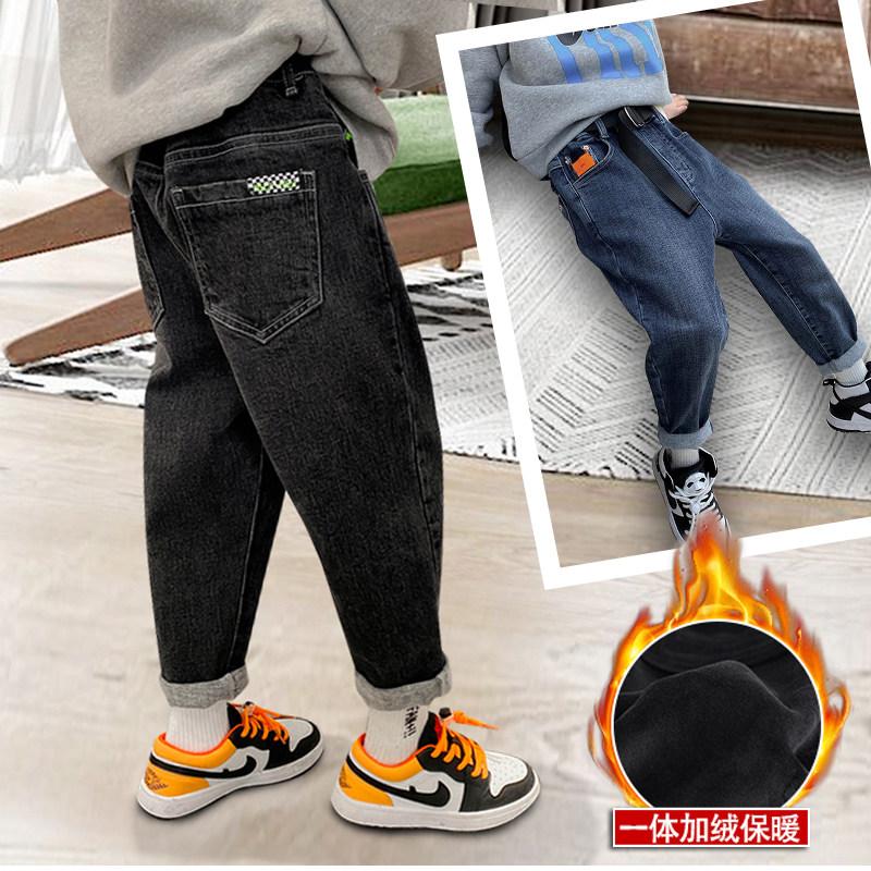 秋冬长裤一体绒男童牛仔裤喀侈豆