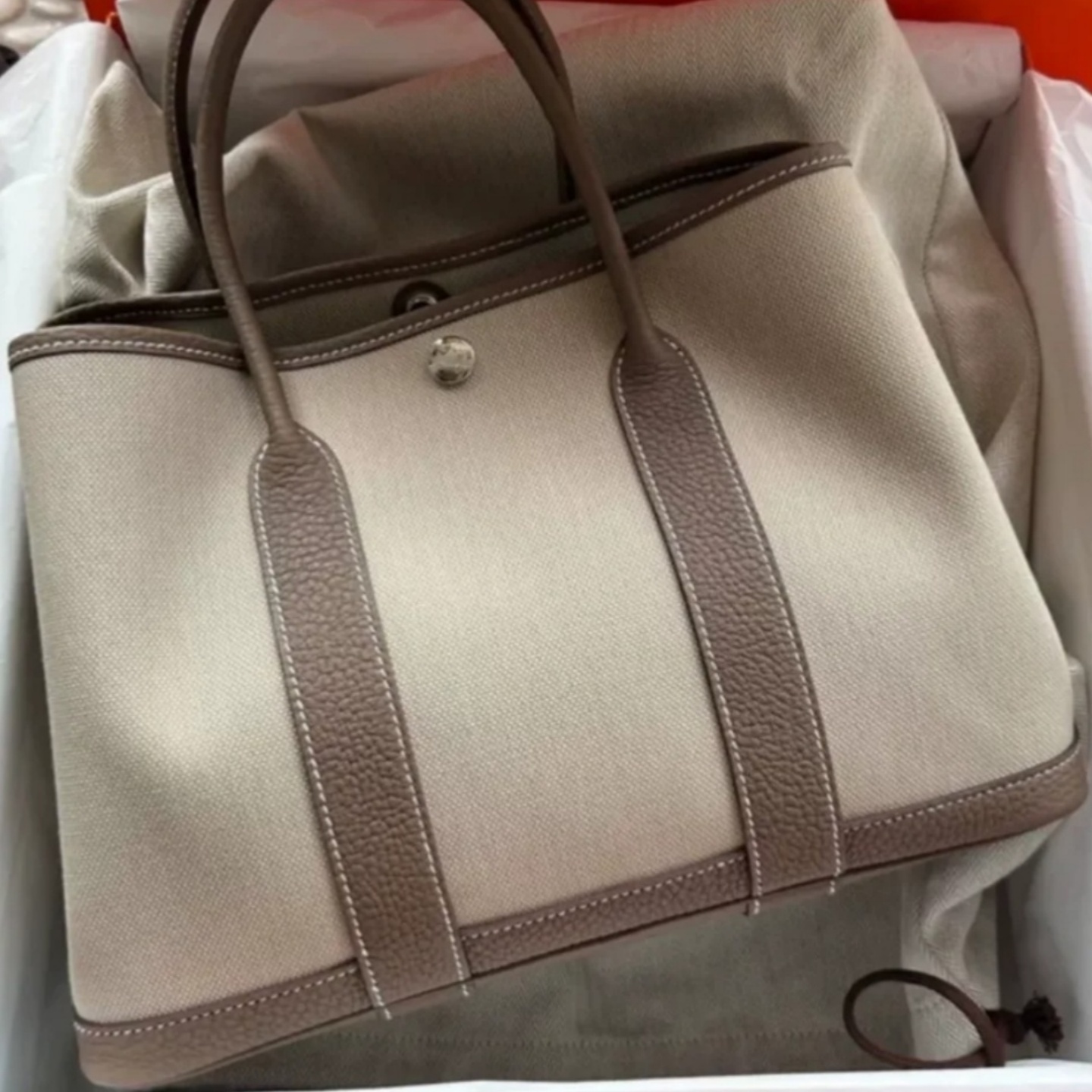 手工蜡线花园包大象灰牛皮拼帆布