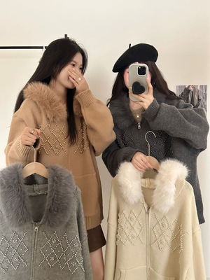 【MF微胖大码】1108上新带毛领重工钉珠毛衣外套30%羊毛含量