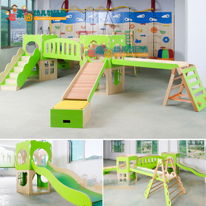 早教升级款绿色木制大滑梯组合儿童室内运动体能训练攀爬架教具