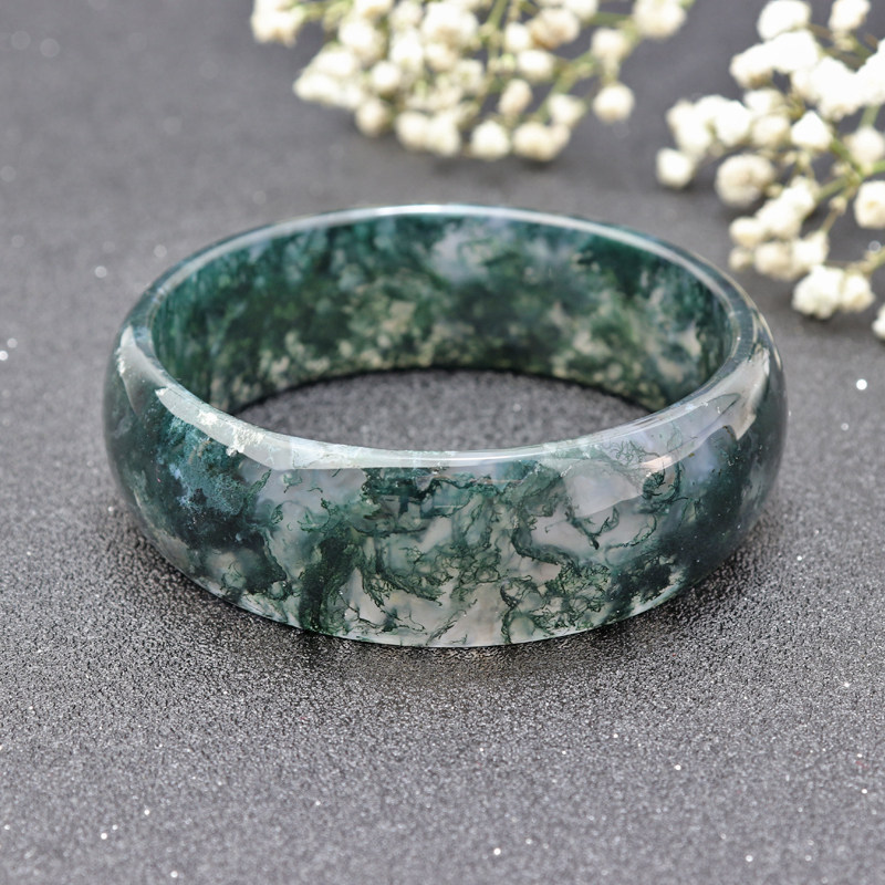 天然水草玛瑙手镯绿镯子清新养颜宽版女款53-61一物一图