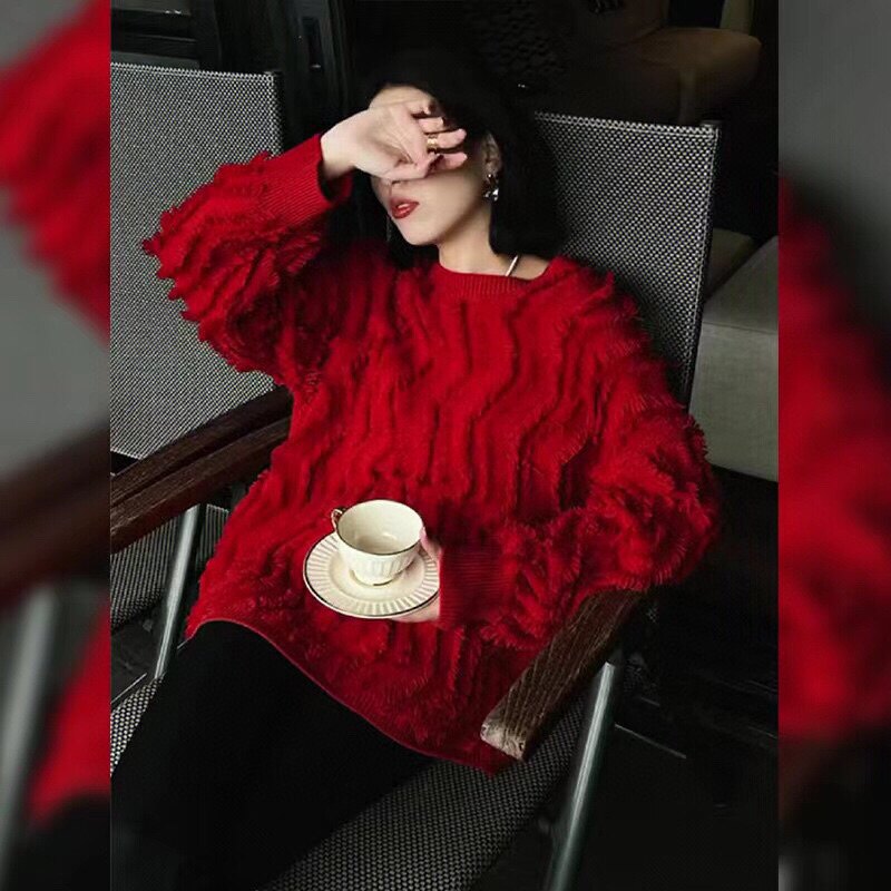 100小山羊绒7针双股须须头流苏圆领针织羊绒衫女打底衫毛衣