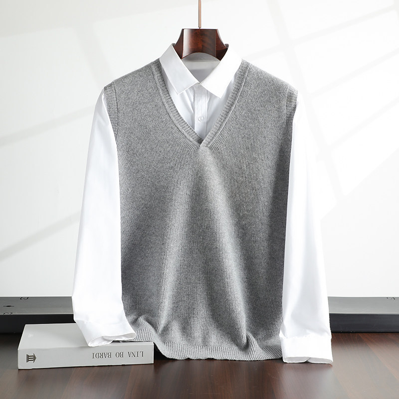 抽条加厚羊绒马甲男山羊绒V领套头搭西装衬衫针织衫休闲毛衣