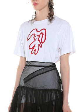 小众设计shushut*ng全棉宽松植绒小兔子T恤小熊红色串珠圆领短袖