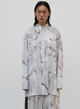 小众lowclassic设计感抽象印花衬衫宽松长袖中长款衬衣女半身裙
