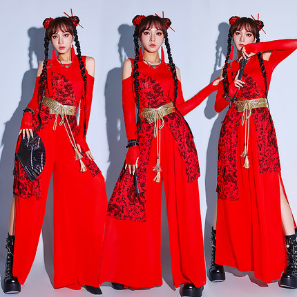 中国风舞蹈服女套装红色国潮街舞服装kpop女团打歌服爵士舞演出服