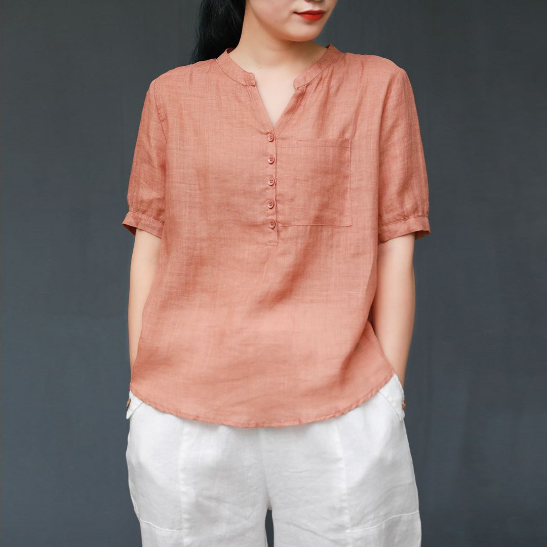 V领纯色棉麻衬衫女2024夏女士新款复古文艺气质短袖宽松休闲显瘦