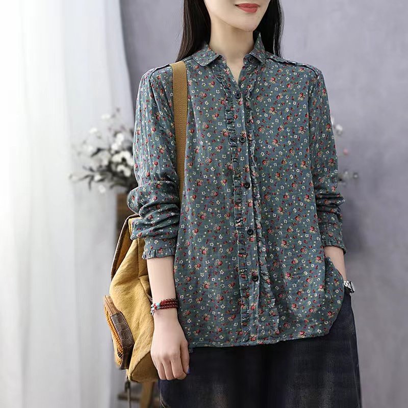 复古文艺2025春季女士新款小碎花棉麻衬衫女长袖开衫外套打底衫女