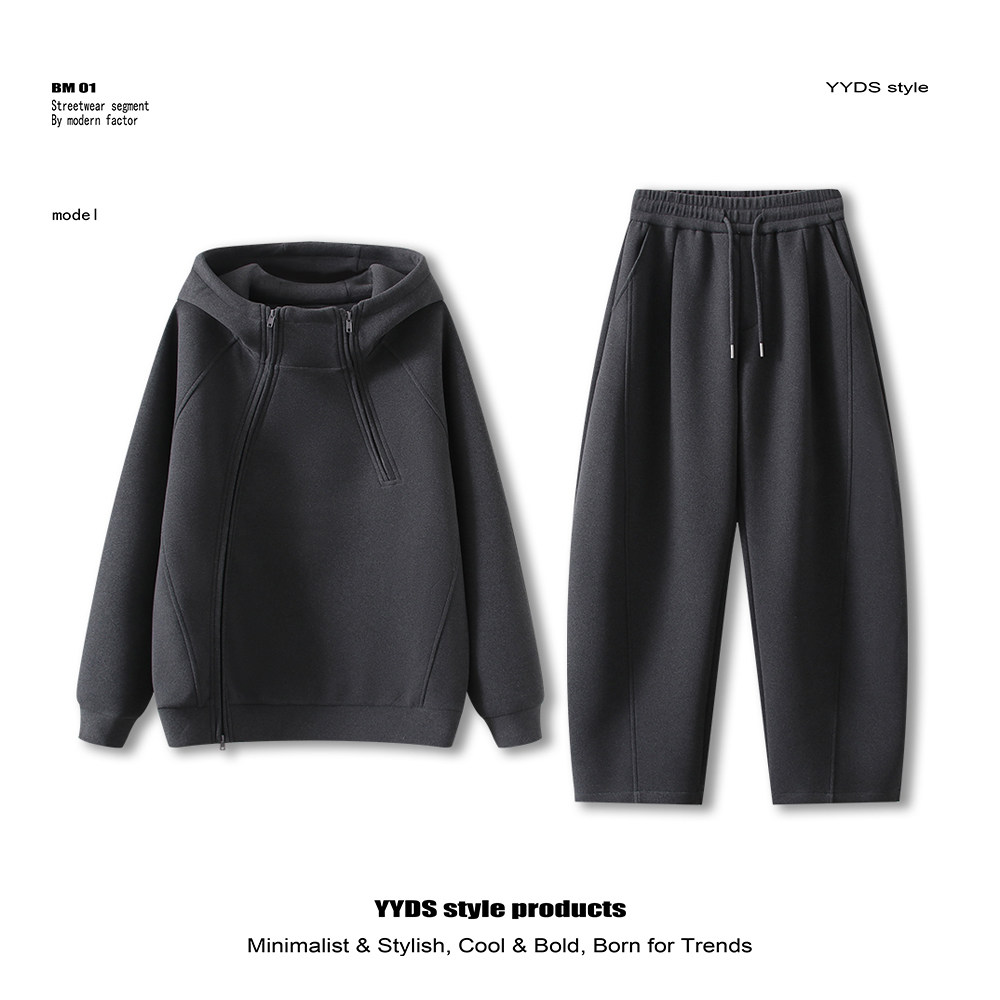 连帽双面绒卫衣套装男装帅气双拉链宽松显瘦两件套休闲裤2026新款,男装,休闲运动套装,淘宝优惠券,粉丝福利购,淘宝优惠卷