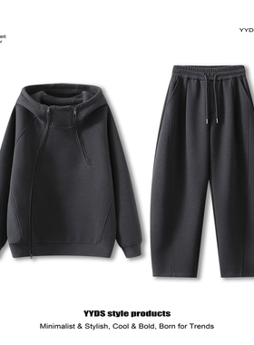 连帽双面绒卫衣套装男装帅气双拉链宽松显瘦两件套休闲裤2026新款