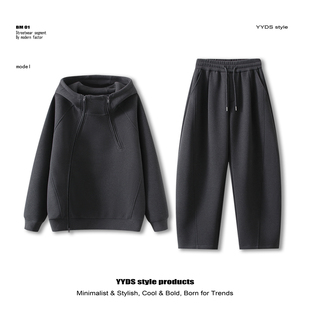 连帽双面绒卫衣套装男装帅气双拉链宽松显瘦两件套休闲裤2026新款