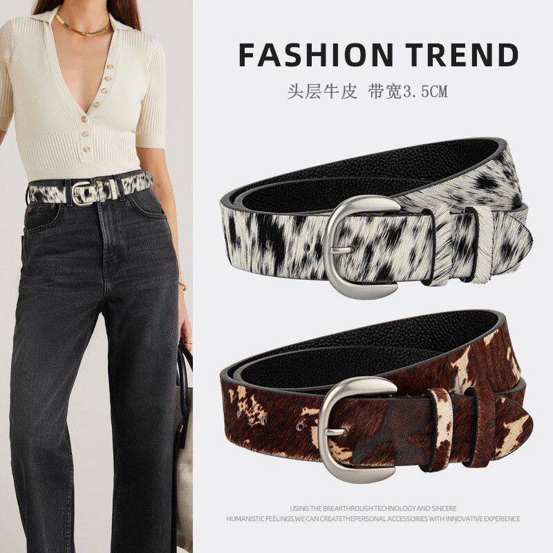 皮带女款头层牛皮马毛奶牛纹腰带复古高级感装饰配牛仔裤真皮裤带