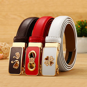 皮带女士自动扣真皮腰带红色潮流百搭装 带 细裤 饰女生配牛仔裤 女款