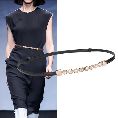 女士真皮装饰配裙子珍珠扣细腰带