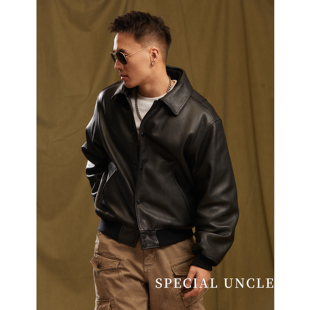 特叔棒球服加棉皮衣真羊皮时尚翻领秋冬简约百搭宽松经典飞行夹克