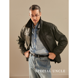 特叔巴恩风夹克真牛皮皮衣时尚 潮流休闲外套 百搭复古夹克翻领经典