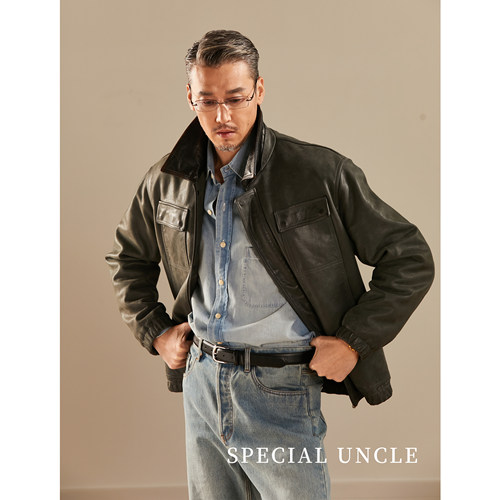 巴恩风夹克真牛皮皮衣时尚百搭