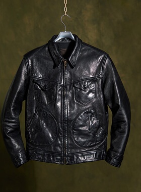 特叔复古皮衣门多萨农场主牛皮外套水洗真皮RRL做旧翻领早春夹克