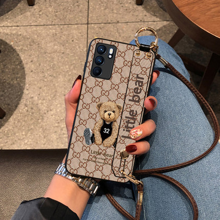 DLARA适用于OPPO Reno7手机壳Reno6pro+保护套皮质Reno3腕带A96机械熊Reno4se斜挎挂绳Reno5外壳全包精孔男女