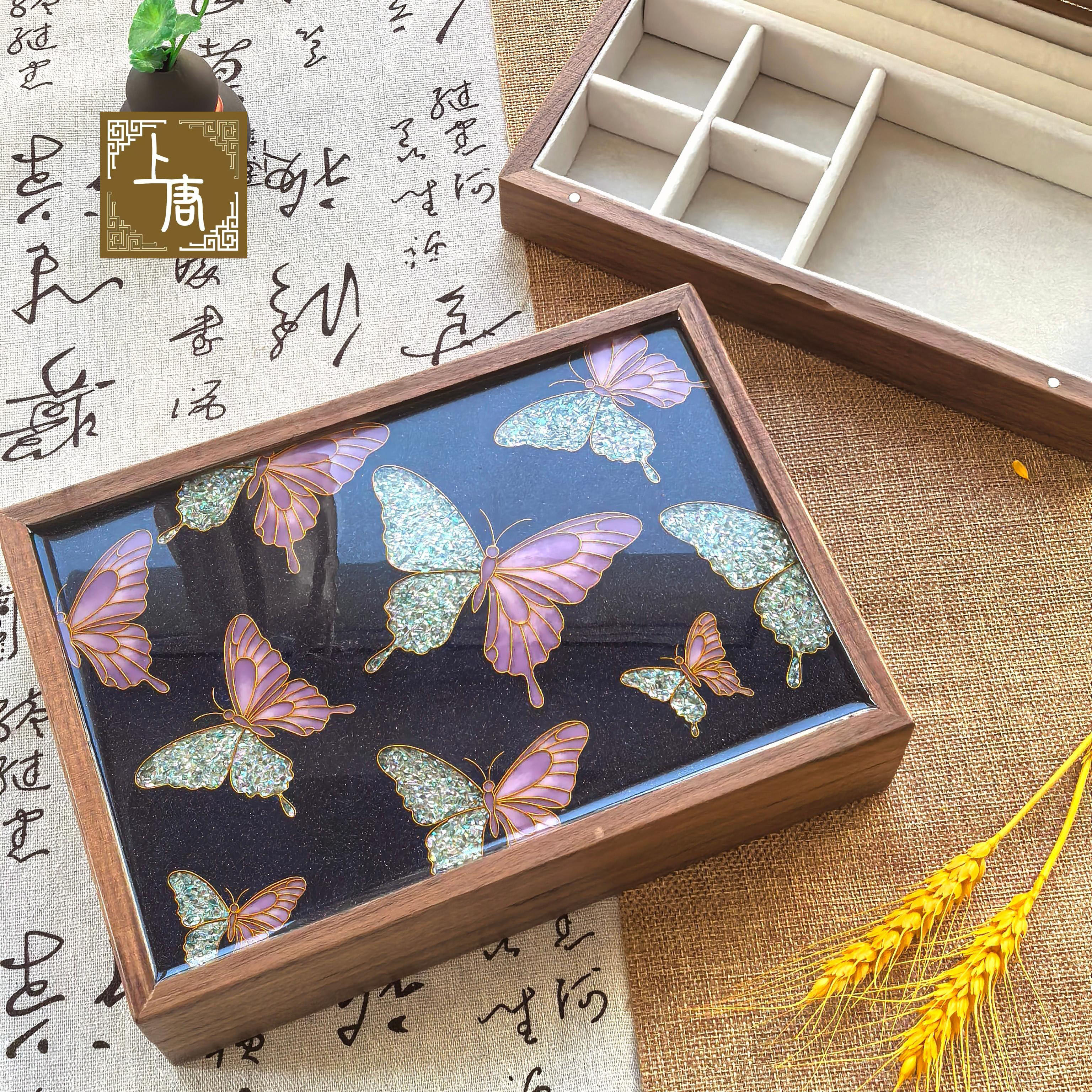 掐丝珐琅螺钿DIY材料北美胡桃木实木蝴蝶首饰盒收纳盒女生礼物,特色手工艺,景泰蓝,淘宝优惠券,粉丝福利购,淘宝优惠卷