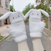 韩版 可爱卡通长耳朵狗学生双层加绒保暖写字露半指翻盖手套女冬季